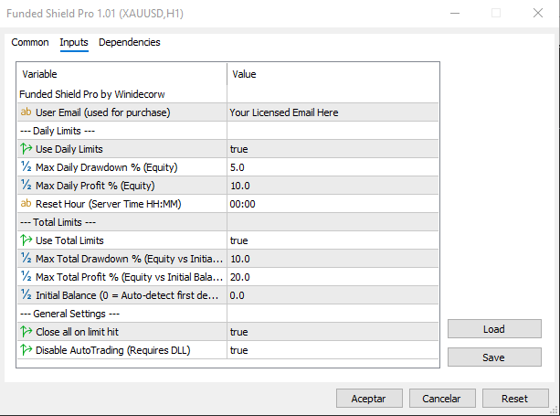 Funded Shield Pro EA Settings
